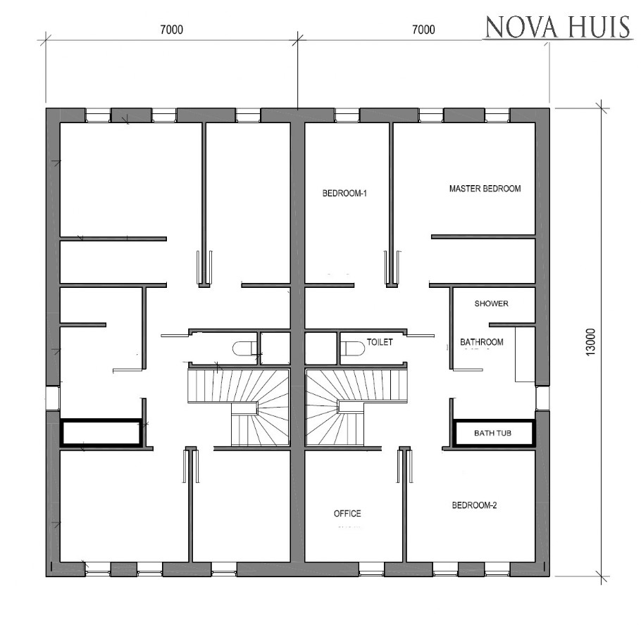 NOVAHUIS.nl TK48 moderne 2 onder 1 kap dubbele geschakelde woning met plat dak  