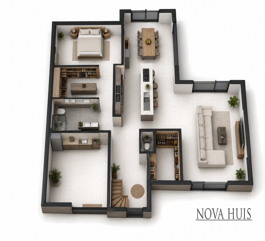 NOVA HUIS type 402 kubistische woning slaapkamer en badkamer beneden