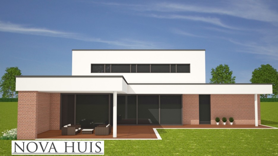 Strakke moderne vrijstaande villa met inpandige garage overdekt terras Staalframebouw NOVA-HUIS K1488