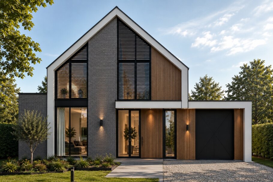 Moderne woning met hoge glazen achtergevel en schuifpuien