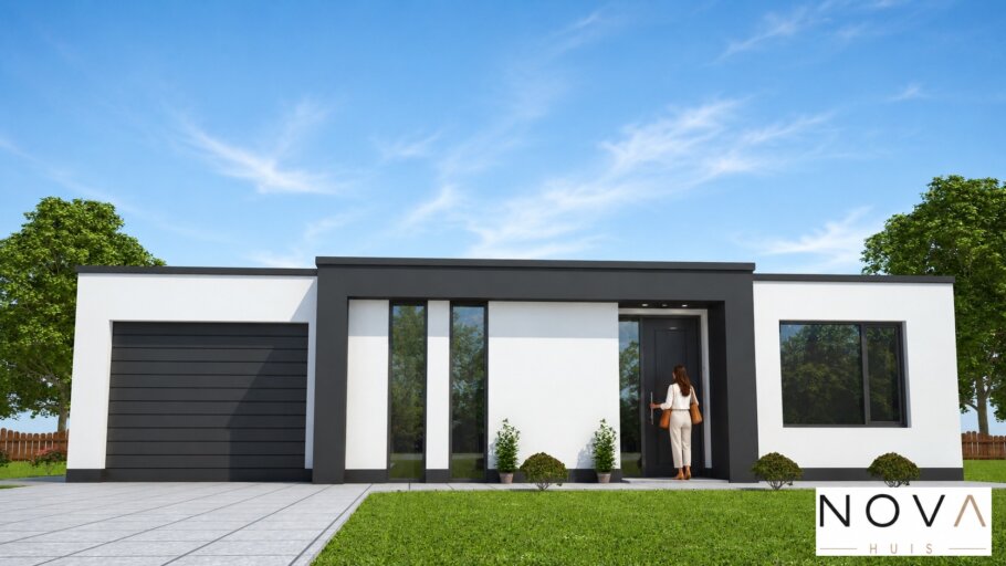 Moderne levensloopbestendige bungalow ontwerp A-27 met grote glaspartijen, moderne architectuur NOVA HUIS