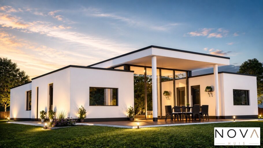 Moderne levensloopbestendige bungalow ontwerp A-27 met grote glaspartijen, moderne architectuur NOVA HUIS