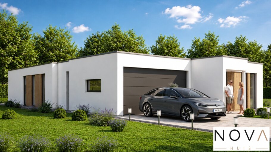 Moderne gelijkvloerse woning A-144 met leefkeuken, grote glaspartijen en inpandige garage