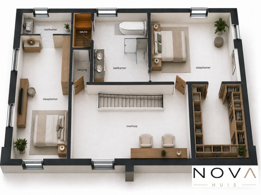 NOVA HUIS K-406 witte moderne kubistische kubus woning met veel glas prefab interieur