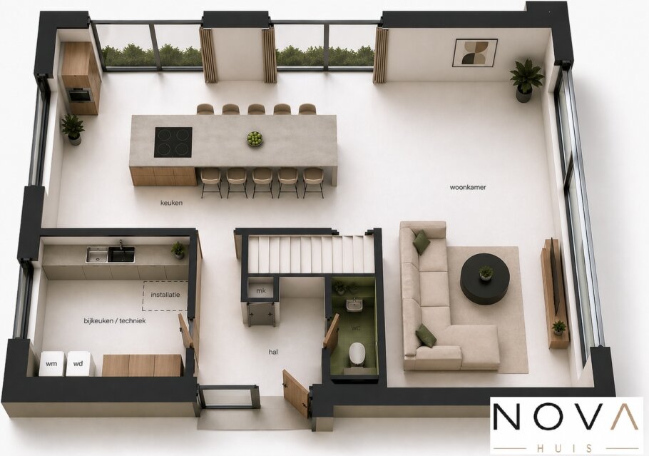 NOVA HUIS K-406 witte moderne kubistische kubus woning met veel glas prefab interieur