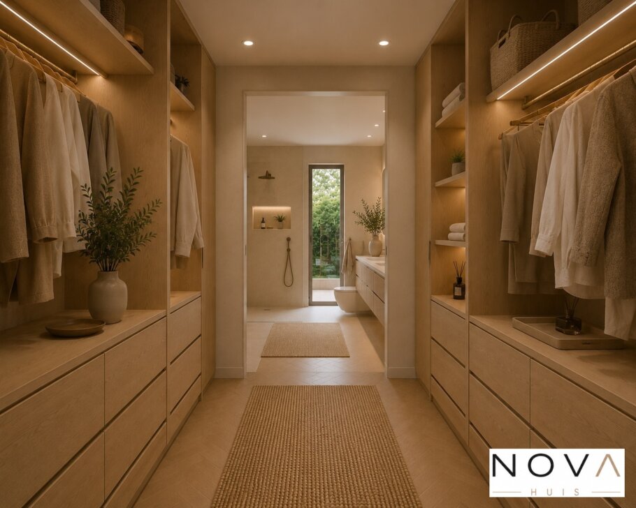 Modern interieur van levensloopbestendige schuurwoning met warme minimalistische inrichting