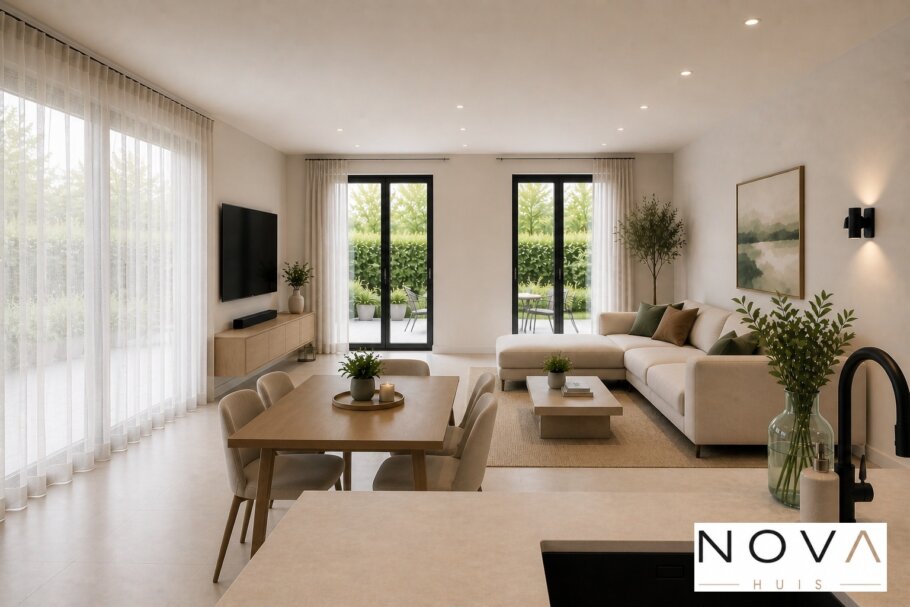 Modern interieur van levensloopbestendige woning A-136 met open keuken, eetkamer en woonkamer met grote glaspartijen