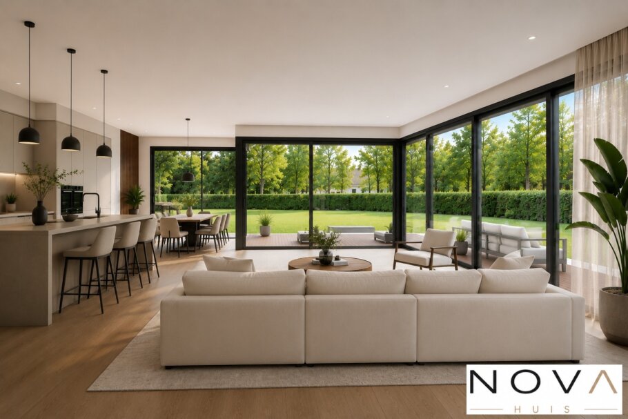 Modern interieur van kubistische woning met leefkeuken en grote glaspartijen