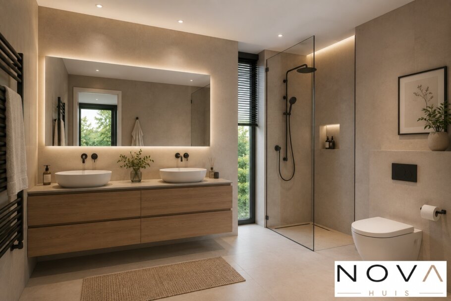Modern interieur van kubistische woning K-257 met leefkeuken en grote glaspartijen