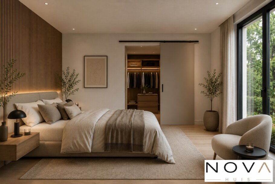 Modern interieur van kubistische woning met leefkeuken en grote glaspartijen