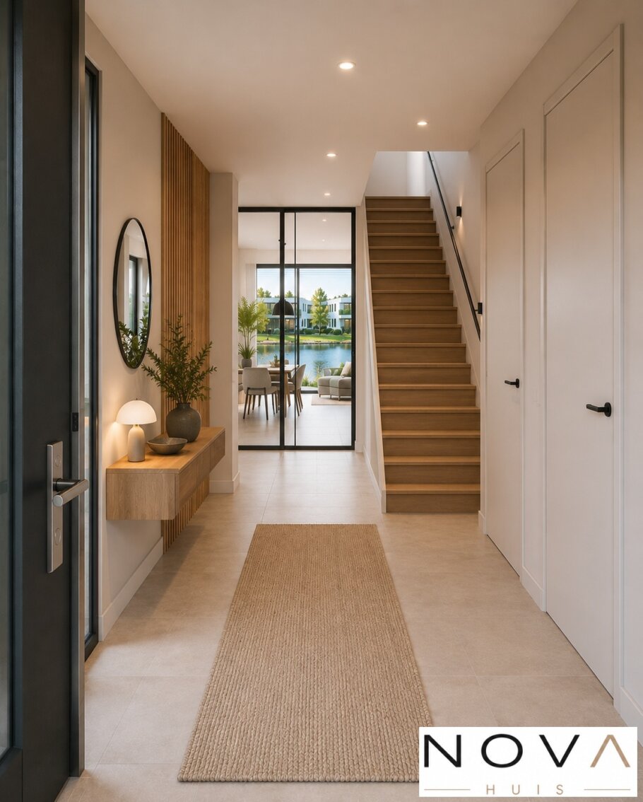 Modern interieur van kubistische woning met leefkeuken en grote glaspartijen