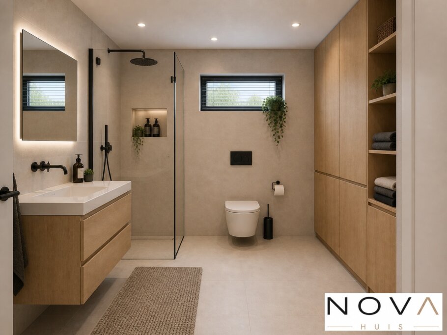 Modern interieur van kubistische woning K-257 met leefkeuken en grote glaspartijen