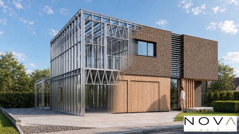 hier ziet u hoe een staalframebouw constructie in kubistische woning wordt verwerkt