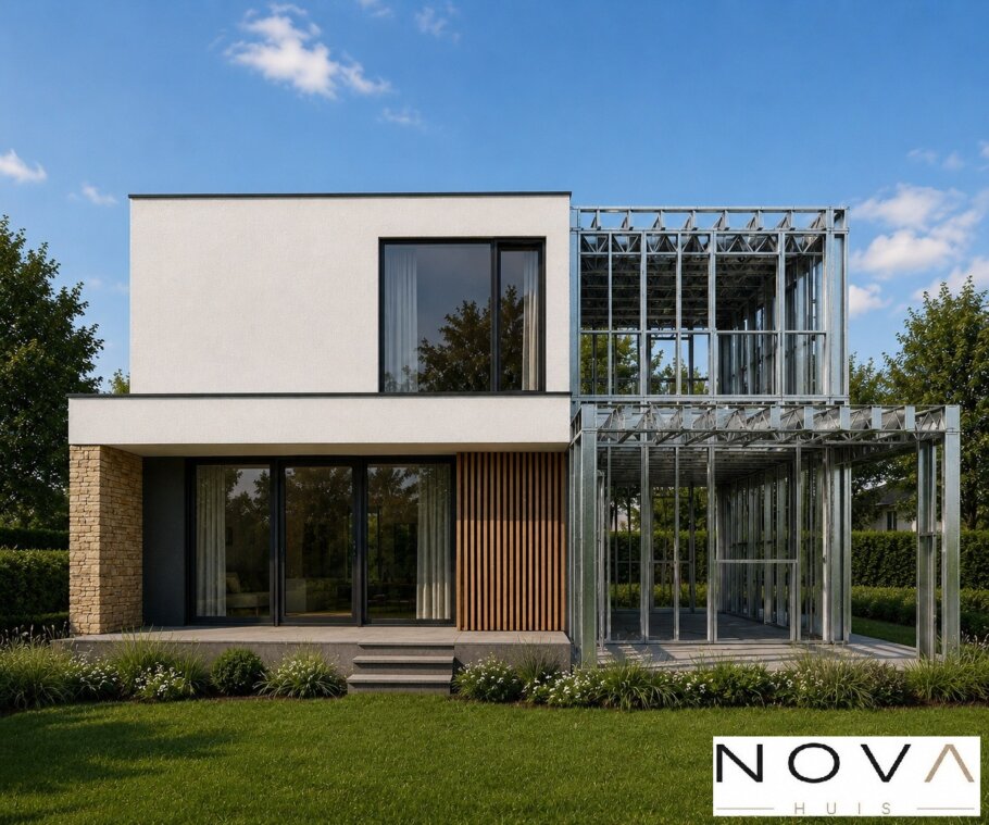 hier ziet u hoe een staalframebouw constructie in kubistische woning wordt verwerkt