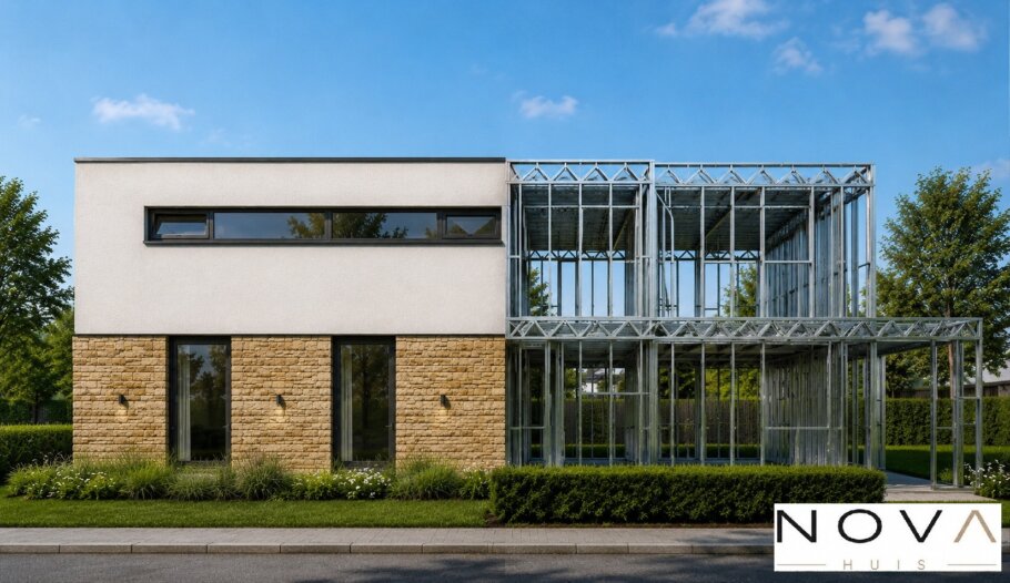 hier ziet u hoe een staalframebouw constructie in kubistische woning wordt verwerkt