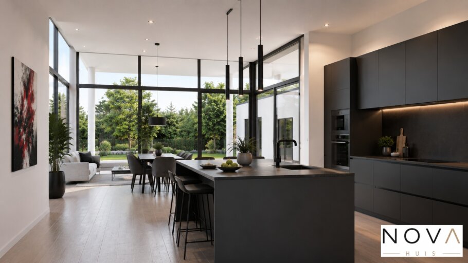Moderne levensloopbestendige bungalow ontwerp A-27 met grote glaspartijen, moderne architectuur NOVA HUIS