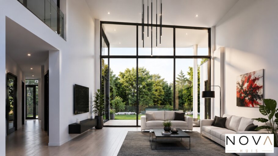 Moderne levensloopbestendige bungalow ontwerp A-27 met grote glaspartijen, moderne architectuur NOVA HUIS
