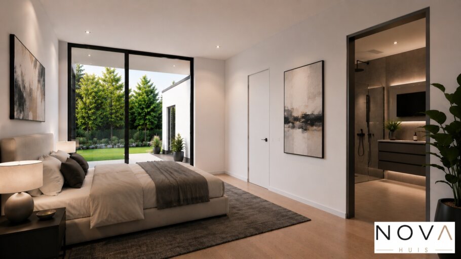 Moderne levensloopbestendige bungalow ontwerp A-27 met grote glaspartijen, moderne architectuur NOVA HUIS