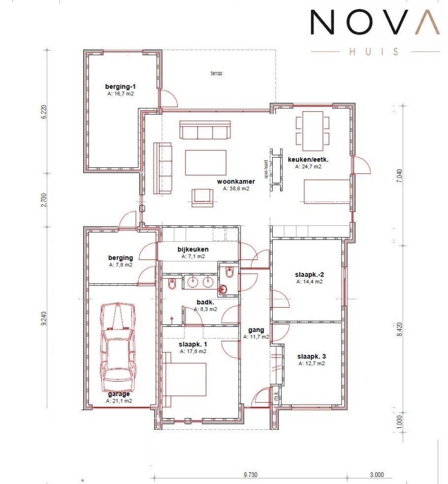 Moderne levensloopbestendige bungalow ontwerp A-27 met grote glaspartijen, moderne architectuur NOVA HUIS