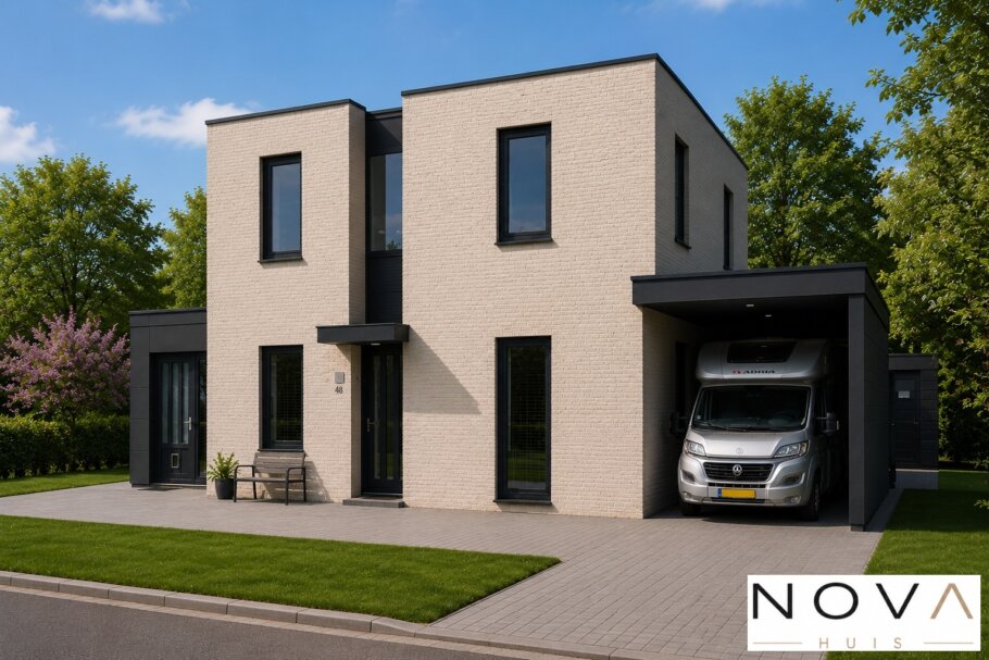 Moderne kubistische woning K-257 met plat dak, grote glaspartijen en levensloopbestendige indeling