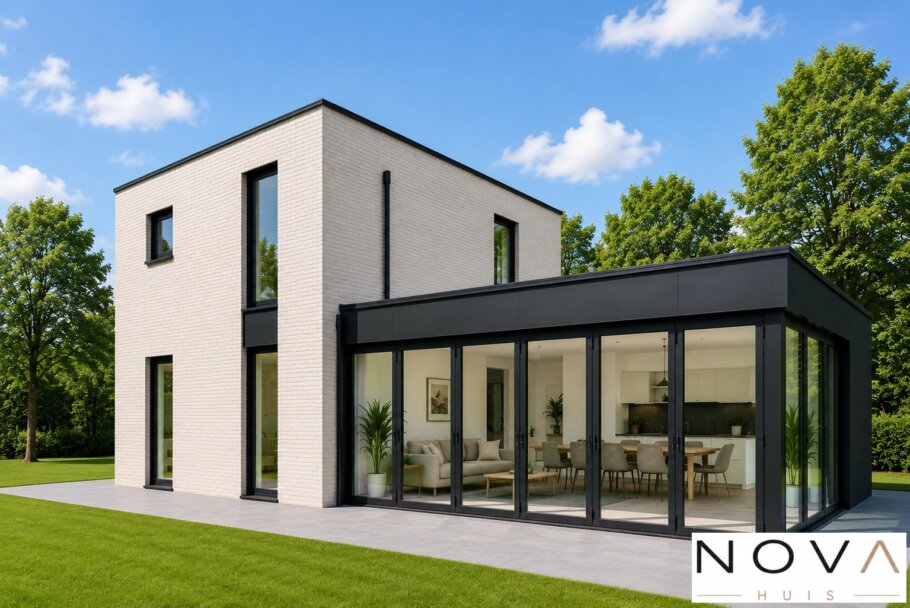 Moderne kubistische woning K-257 met plat dak, grote glaspartijen en levensloopbestendige indeling