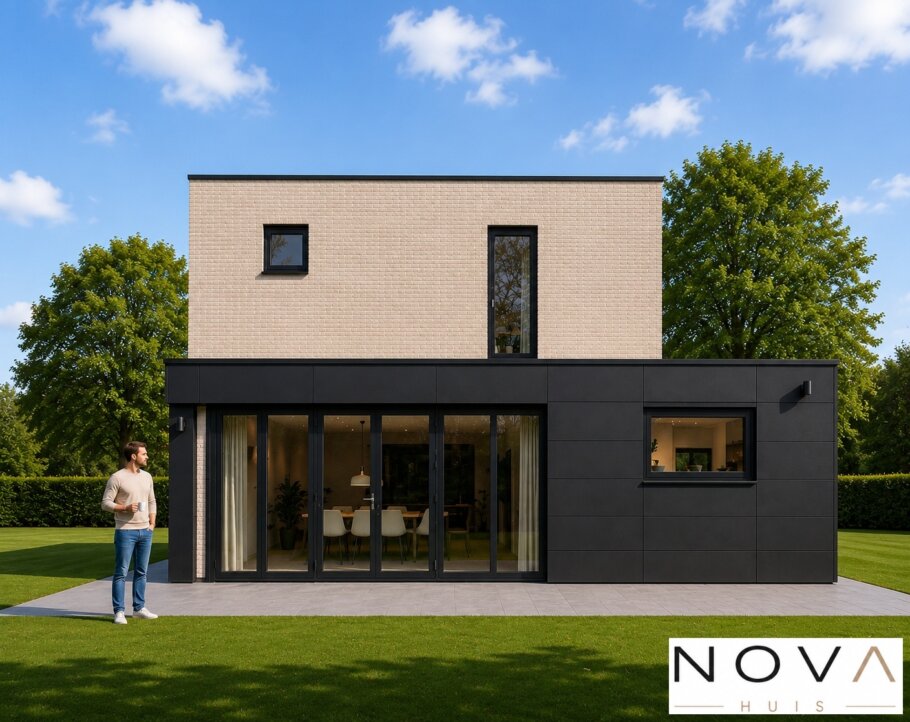 Moderne kubistische woning K-257 met plat dak, grote glaspartijen en levensloopbestendige indeling