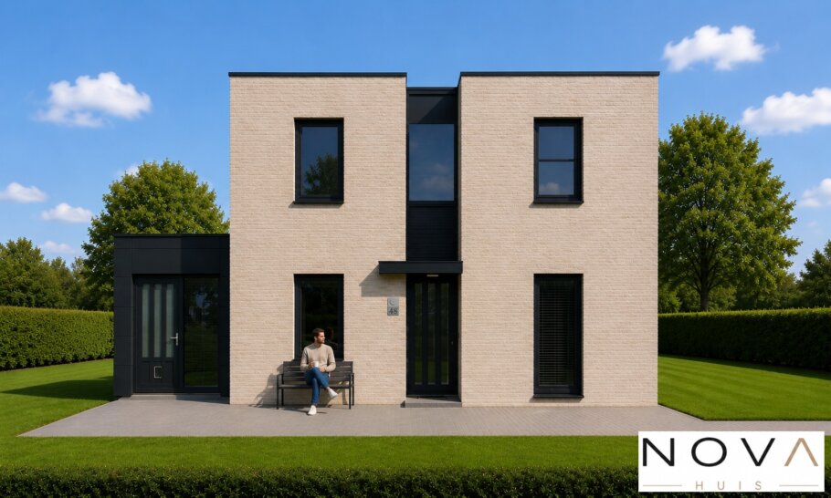 Moderne kubistische woning K-257 met plat dak, grote glaspartijen en levensloopbestendige indeling