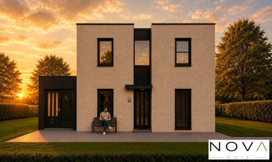 Moderne kubistische woning K-257 met plat dak, grote glaspartijen en levensloopbestendige indeling