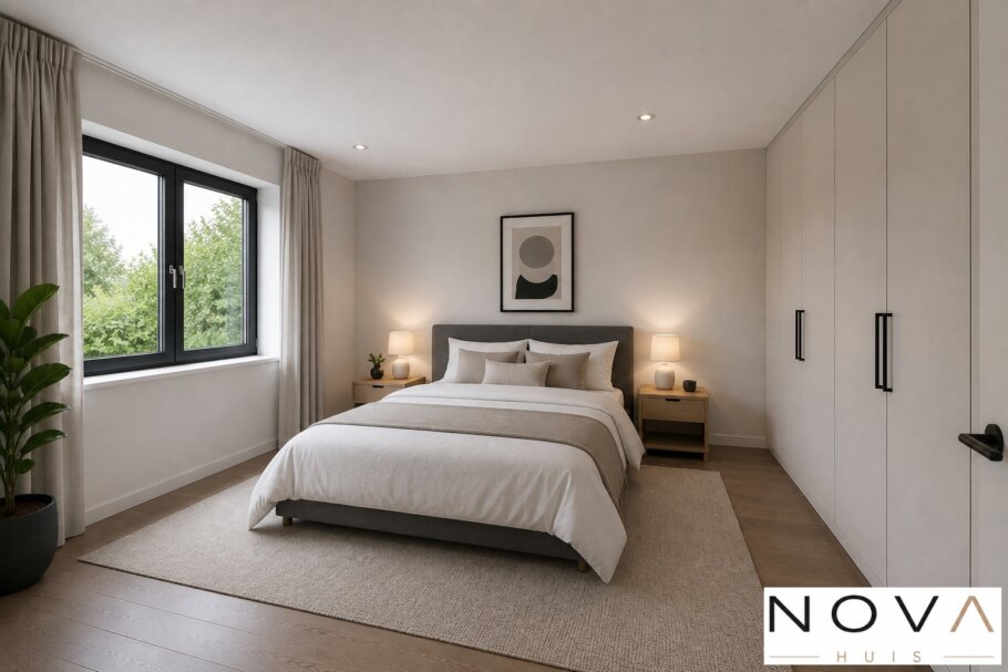 Modern interieur van kubistische woning K-257 met leefkeuken en grote glaspartijen