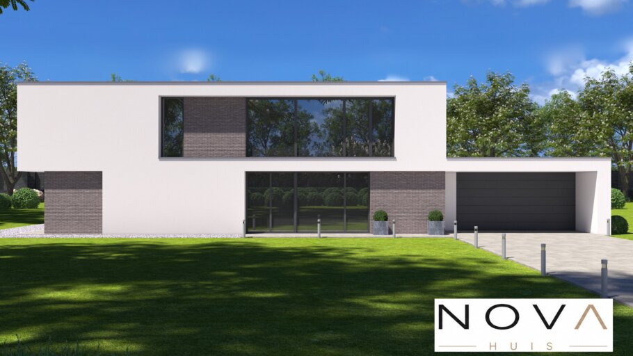 Moderne royale kubistische woning K-382 met overdekte balkons, grote glaspartijen en inpandige garage