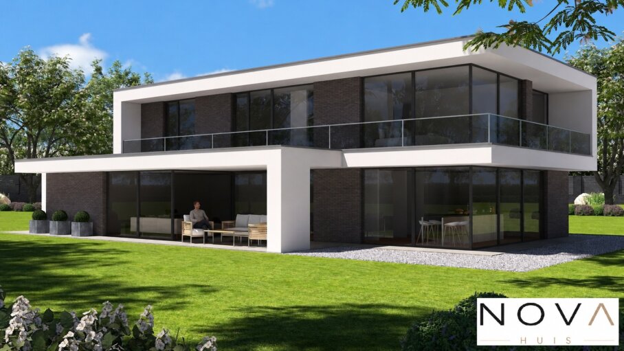 Moderne royale kubistische woning K-382 met overdekte balkons, grote glaspartijen en inpandige garage
