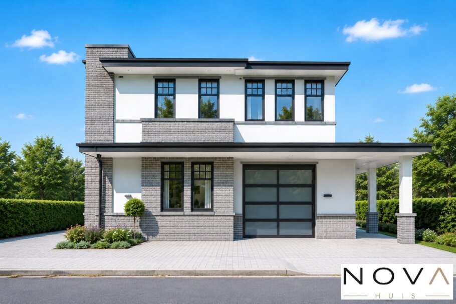 Moderne kubistische staalframewoning type 241 met plat dak