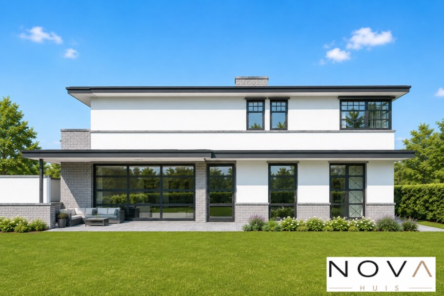 Moderne kubistische staalframewoning type 241 met plat dak