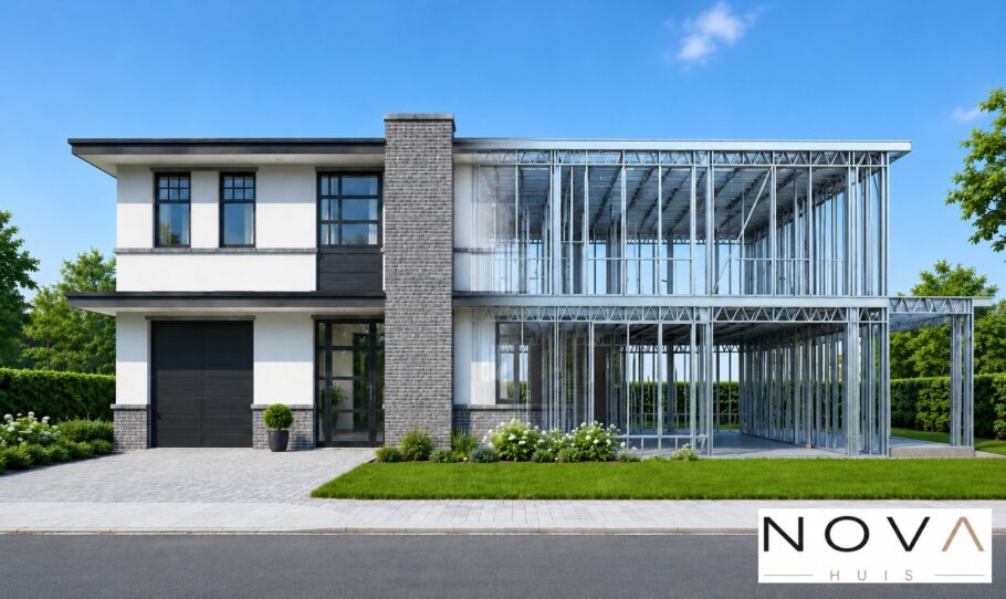 Moderne kubistische staalframewoning type 241 met plat dak