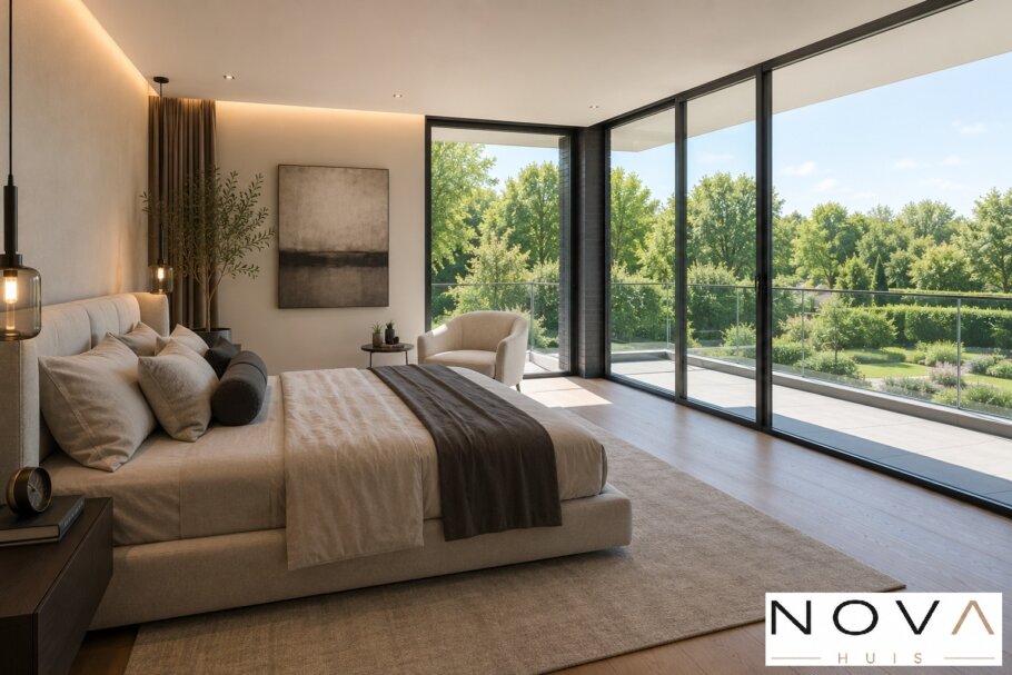 Modern interieur van kubistische villa met luxe woonkeuken en grote glaspartijen