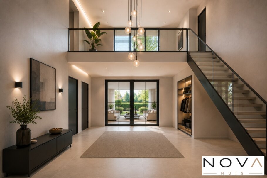 Modern interieur van kubistische villa met luxe woonkeuken en grote glaspartijen