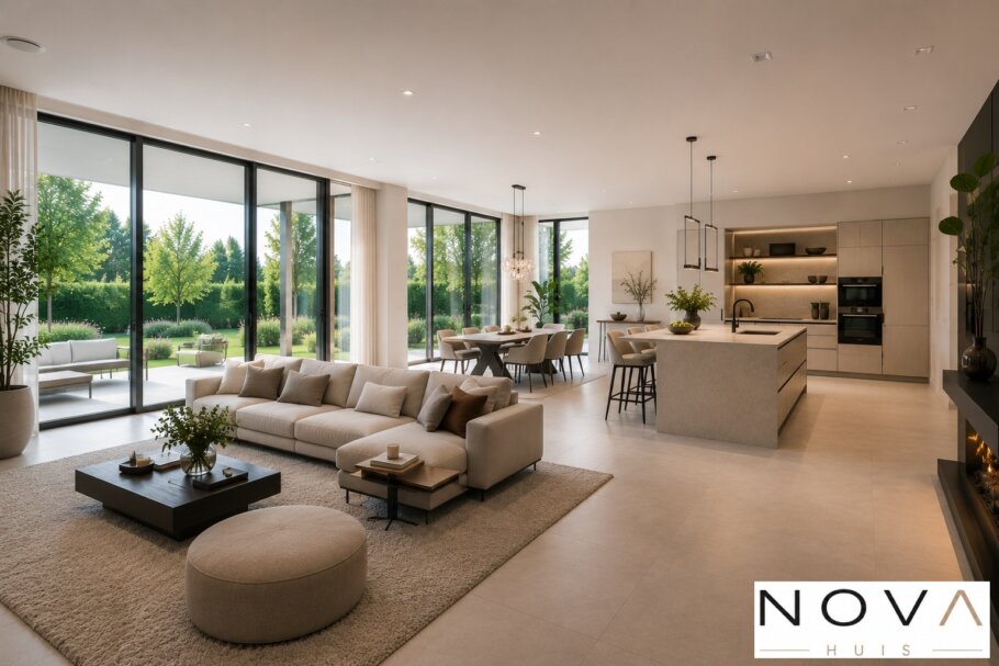 Modern interieur van kubistische woning K-257 met leefkeuken en grote glaspartijen