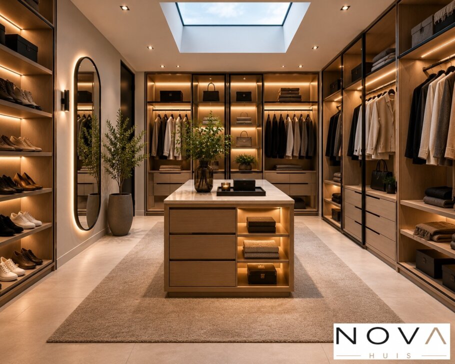 Modern interieur van kubistische villa met luxe woonkeuken en grote glaspartijen