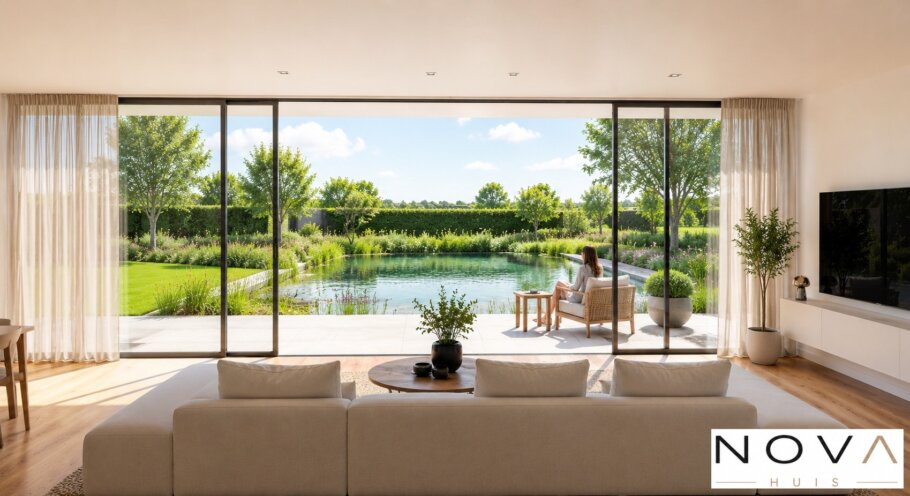 Modern interieur van kubistische villa met luxe woonkeuken en grote glaspartijen