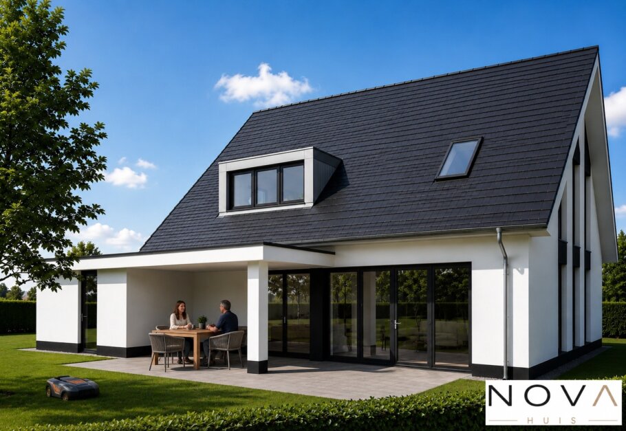 Vrijstaande moderne woning K-69 met zadeldak, hoge glaspartijen en moderne architectuur