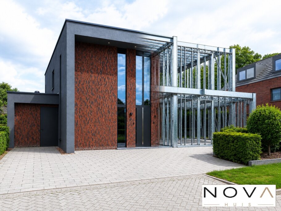 hier ziet u hoe een staalframebouw constructie in kubistische woning wordt verwerkt