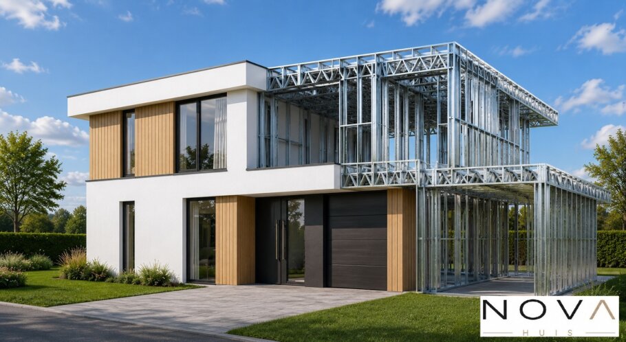 hier ziet u hoe een staalframebouw constructie in kubistische woning wordt verwerkt