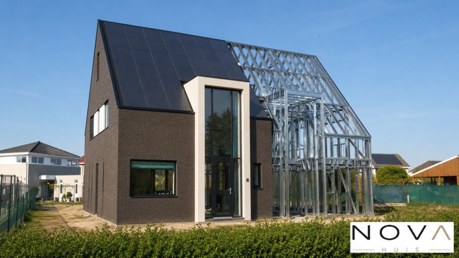 hier ziet u hoe een staalframebouw constructie in kubistische woning wordt verwerkt