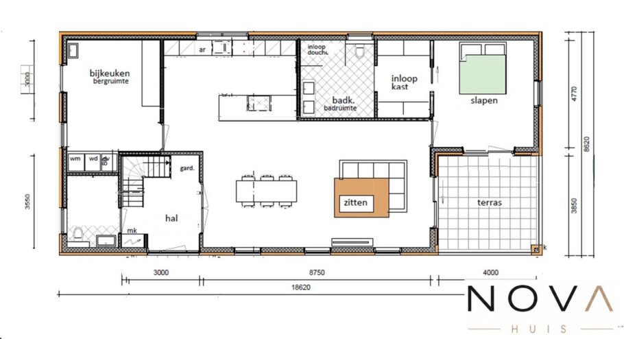 plattegrond en indeling Moderne levensloopbestendige schuurwoning Kap-157 met zadeldak en grote glaspartijen